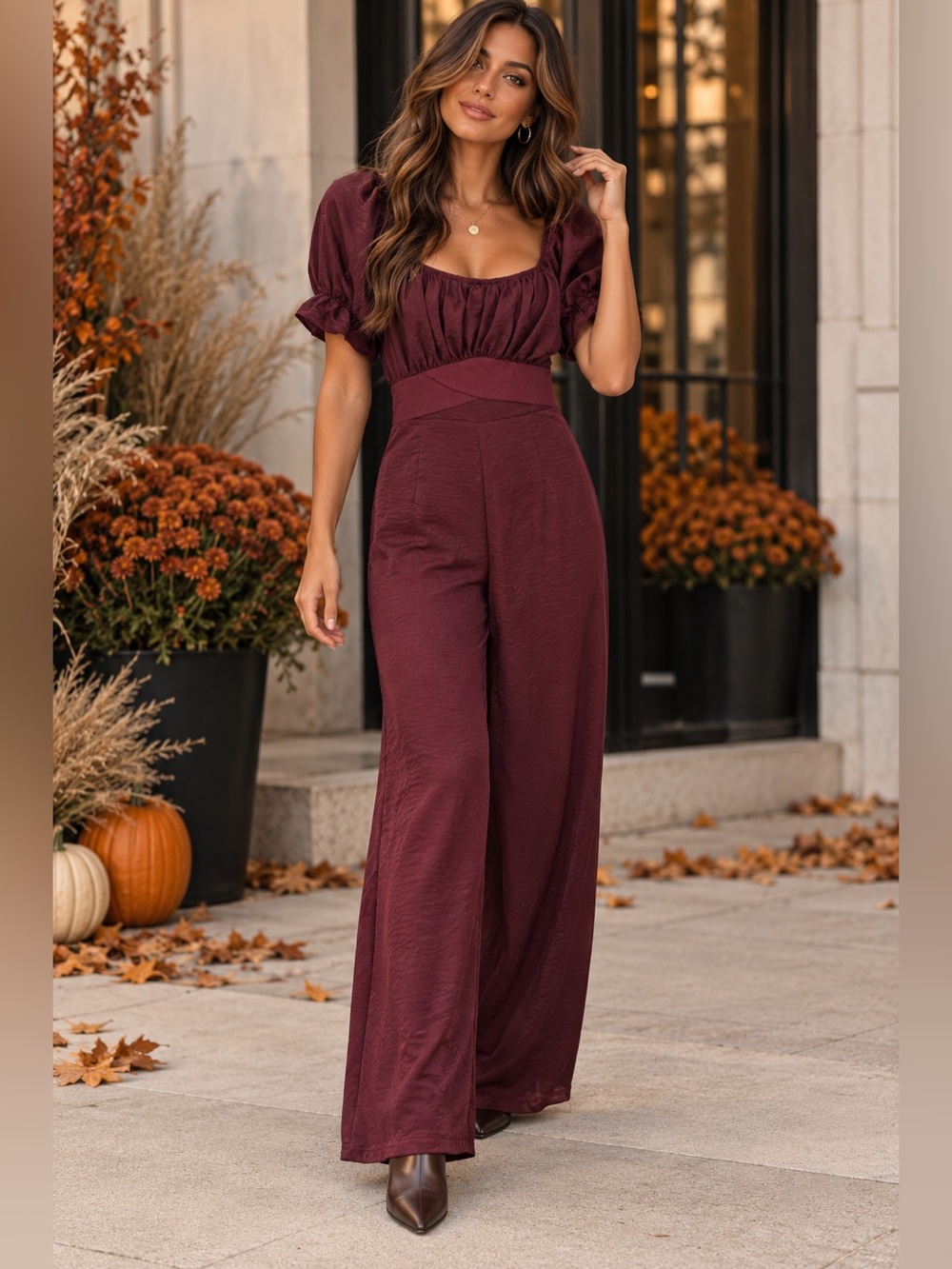 Altar’d State Burgundy Puff Sleeve Wide Leg Jumpsuit Sz S NWOT Fall Boho